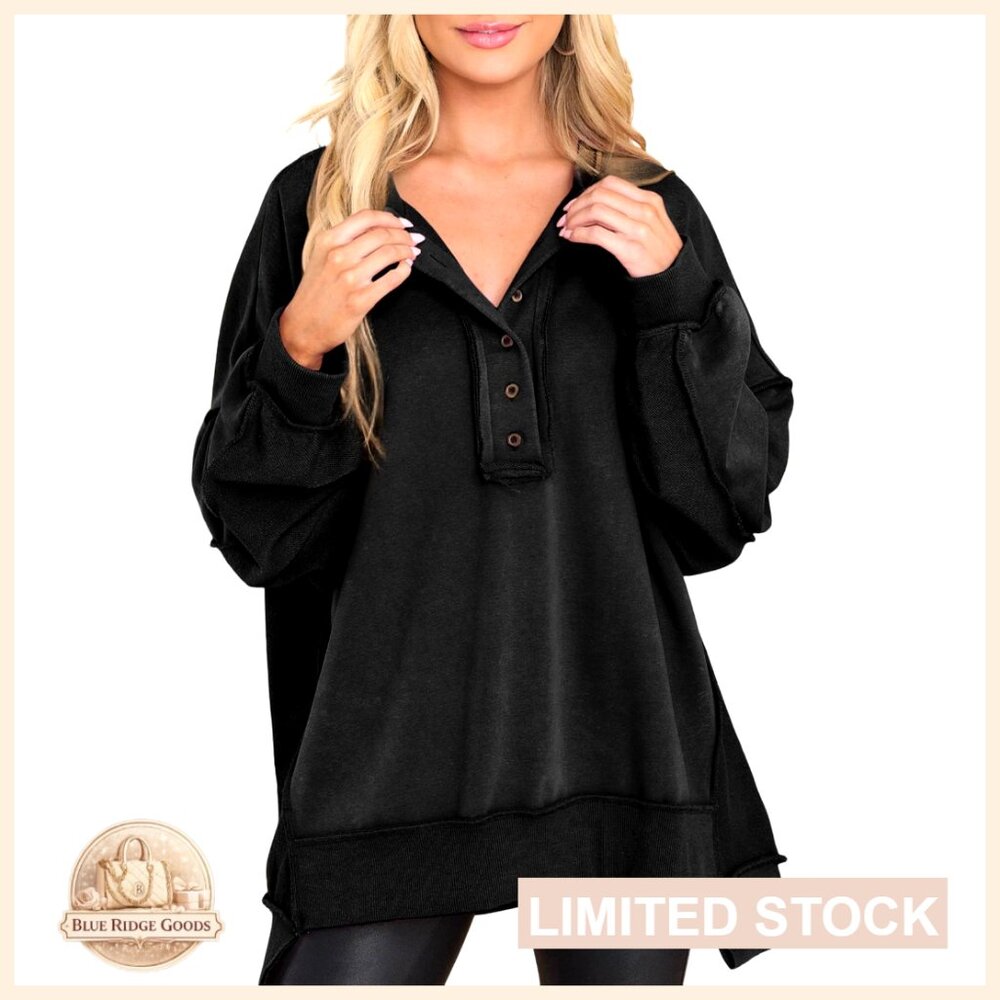 Oversized Henley Pullover Sweatshirt, Button V-Neck, Long Sleeve Tunic Top
